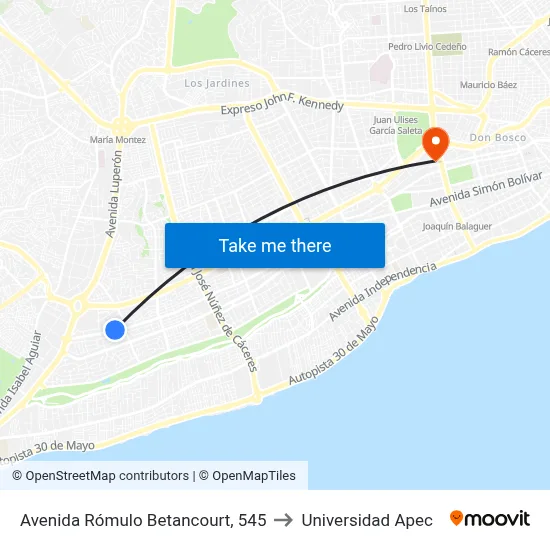 Avenida Rómulo Betancourt, 545 to Universidad Apec map