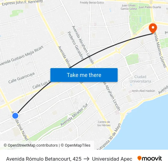 Avenida Rómulo Betancourt, 425 to Universidad Apec map