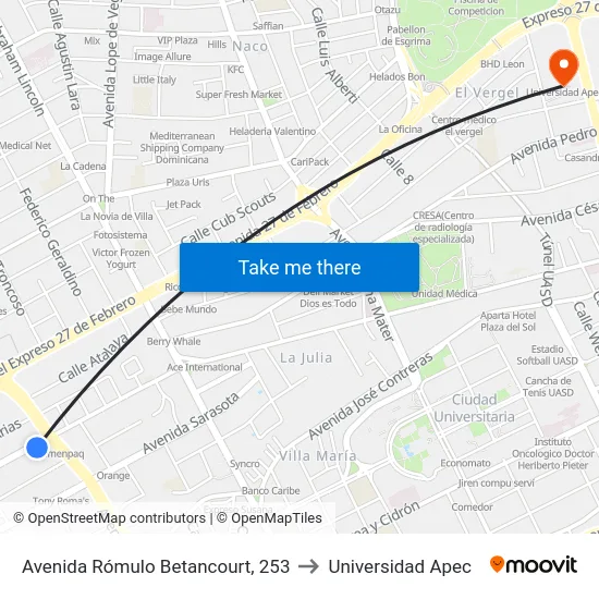 Avenida Rómulo Betancourt, 253 to Universidad Apec map