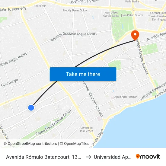 Avenida Rómulo Betancourt, 1374 to Universidad Apec map