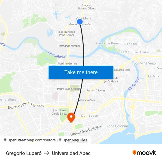 Gregorio Luperó to Universidad Apec map