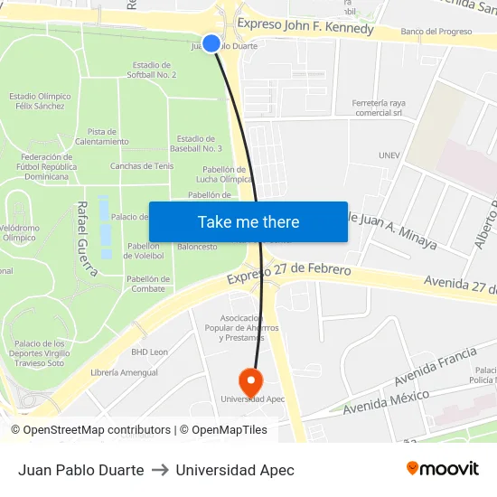 Juan Pablo Duarte to Universidad Apec map