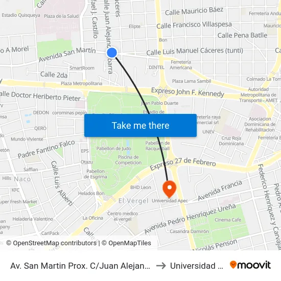 Av. San Martin Prox. C/Juan Alejandro Ibarra to Universidad Apec map