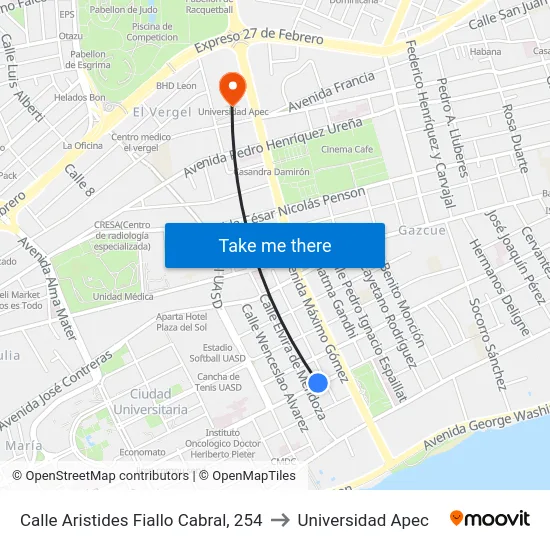 Calle Aristides Fiallo Cabral, 254 to Universidad Apec map