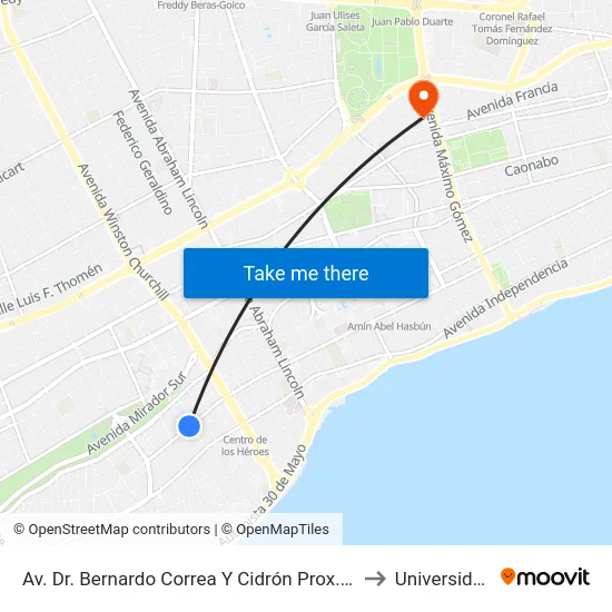 Av. Dr. Bernardo Correa Y Cidrón Prox. C/Heroes De Luperon to Universidad Apec map