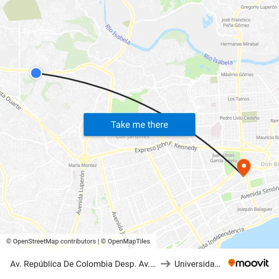 Av. República De Colombia Desp. Av. De La Realeza to Universidad Apec map