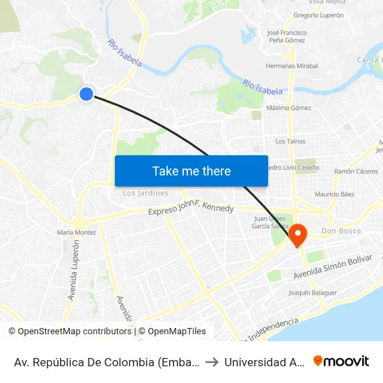 Av. República De Colombia (Embajada) to Universidad Apec map