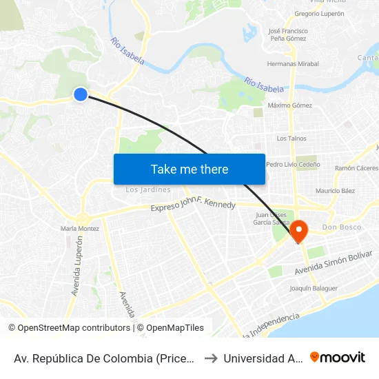Av. República De Colombia (Pricesmart) to Universidad Apec map