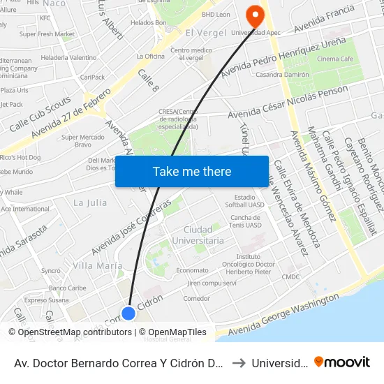 Av. Doctor Bernardo Correa Y Cidrón Desp. C/Ing. Huascar Tejeda to Universidad Apec map