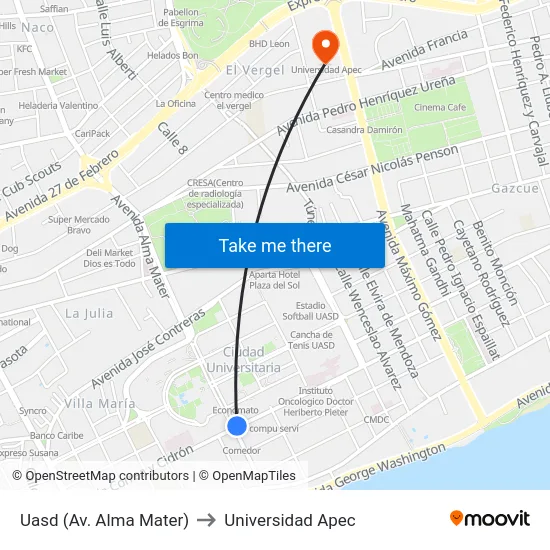 Uasd (Av. Alma Mater) to Universidad Apec map