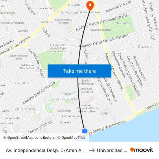 Av. Independencia Desp. C/Amín Abel Hasbún to Universidad Apec map