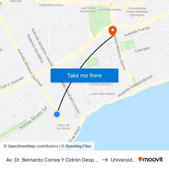 Av. Dr. Bernardo Correa Y Cidrón Desp. Av. Enrique Jimenez Moya to Universidad Apec map