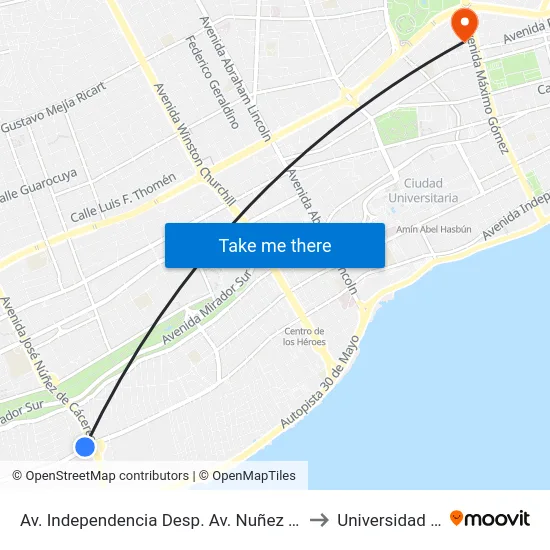 Av. Independencia Desp. Av. Nuñez De Caceres to Universidad Apec map