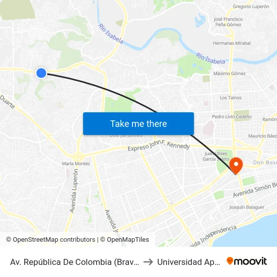 Av. República De Colombia (Bravo) to Universidad Apec map