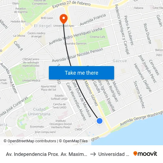 Av. Independencia Prox. Av. Maximo Gomez to Universidad Apec map
