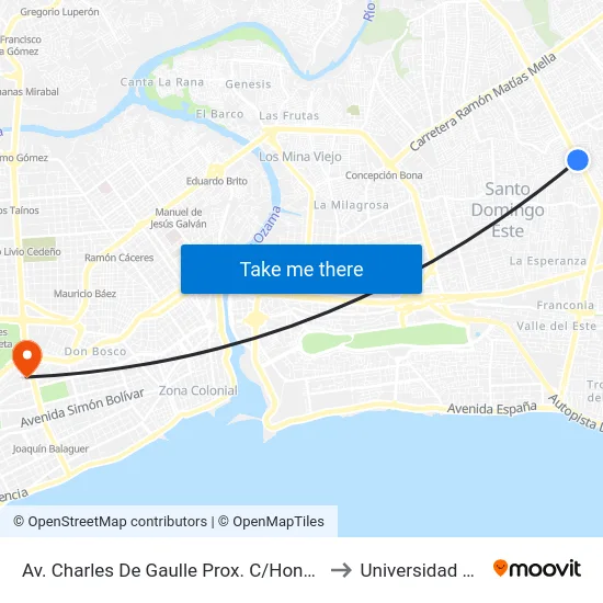 Av. Charles De Gaulle Prox. C/Hondo Valle to Universidad Apec map