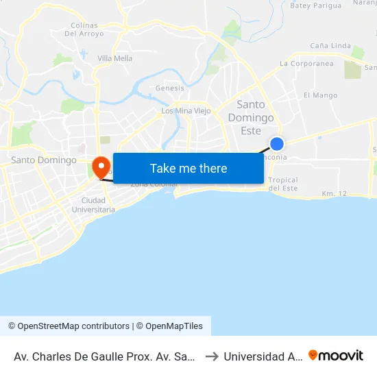 Av. Charles De Gaulle Prox. Av. San Isidro to Universidad Apec map