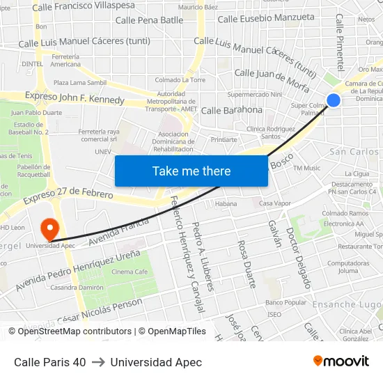Calle Paris 40 to Universidad Apec map