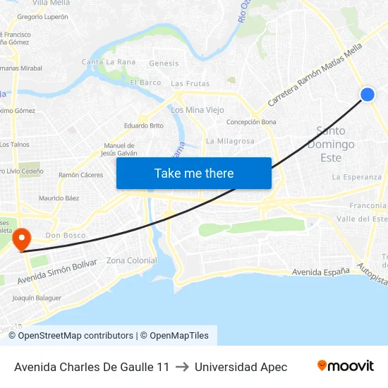 Avenida Charles De Gaulle 11 to Universidad Apec map