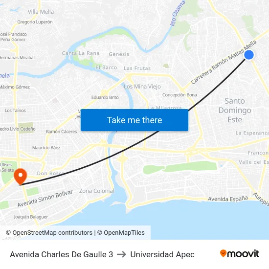 Avenida Charles De Gaulle 3 to Universidad Apec map