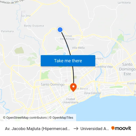 Av. Jacobo Majluta (Hipermercados Olé) to Universidad Apec map