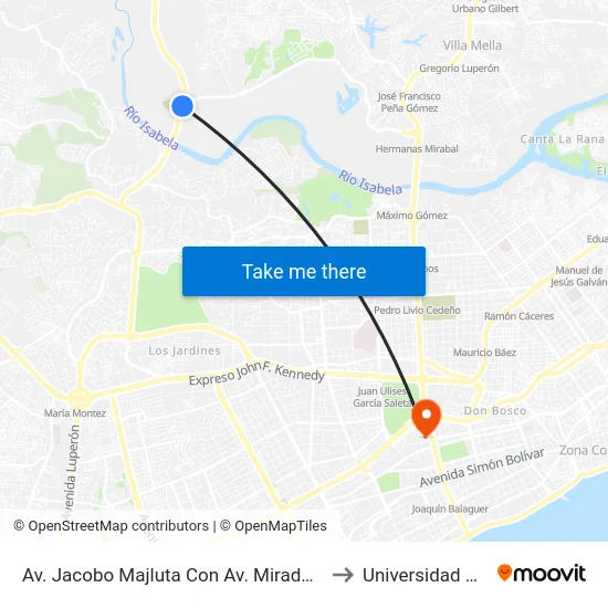 Av. Jacobo Majluta Con Av. Mirador Norte to Universidad Apec map