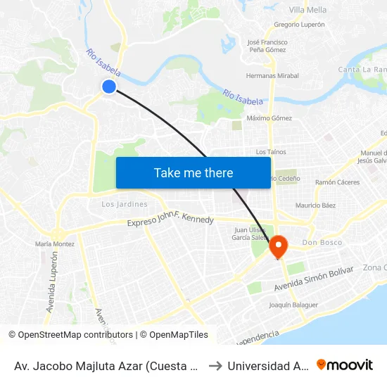 Av. Jacobo Majluta Azar (Cuesta Brava) to Universidad Apec map