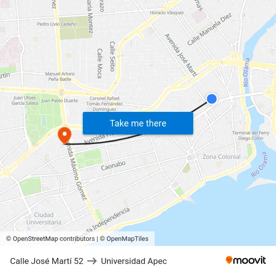 Calle José Martí 52 to Universidad Apec map