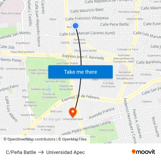 C/Peña Batlle to Universidad Apec map