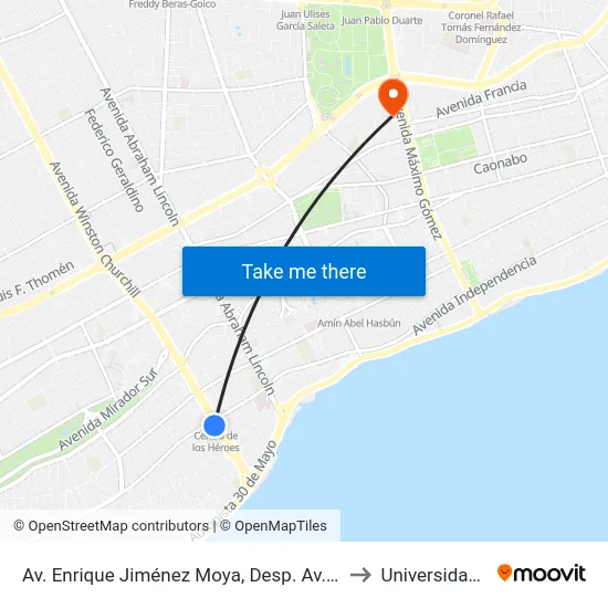 Av. Enrique Jiménez Moya, Desp. Av. Independencia to Universidad Apec map