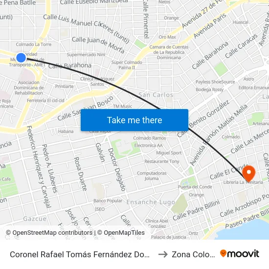 Coronel Rafael Tomás Fernández Domínguez to Zona Colonial map