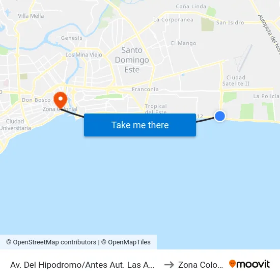 Av. Del Hipodromo/Antes Aut. Las Américas to Zona Colonial map