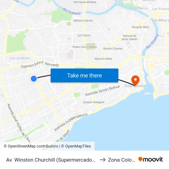Av. Winston Churchill (Supermercados Bravo) to Zona Colonial map