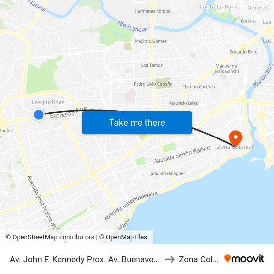 Av. John F. Kennedy Prox. Av. Buenaventura Freites to Zona Colonial map