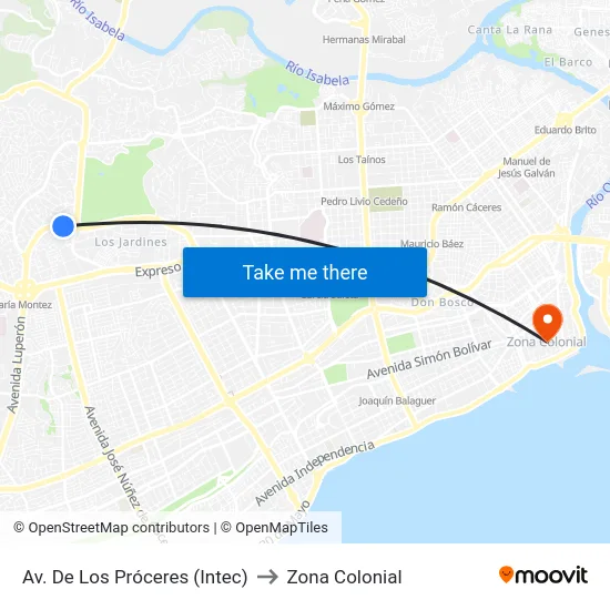 Av. De Los Próceres (Intec) to Zona Colonial map