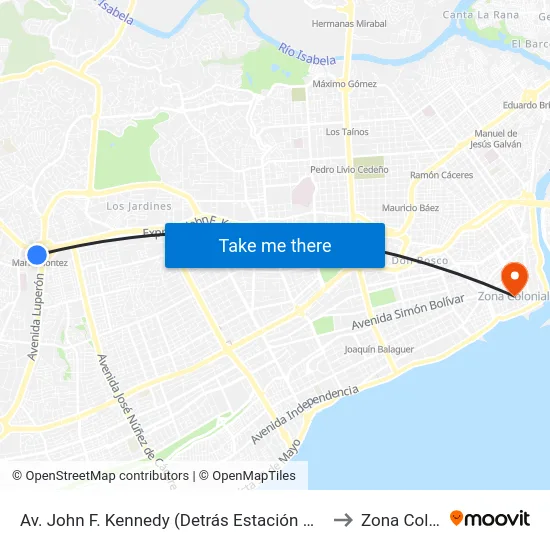 Av. John F. Kennedy (Detrás Estación María Montez) to Zona Colonial map