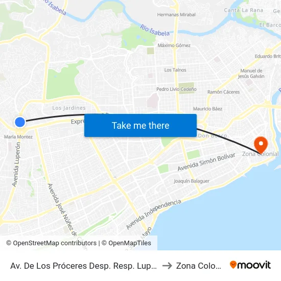 Av. De Los Próceres Desp. Resp. Luperon to Zona Colonial map