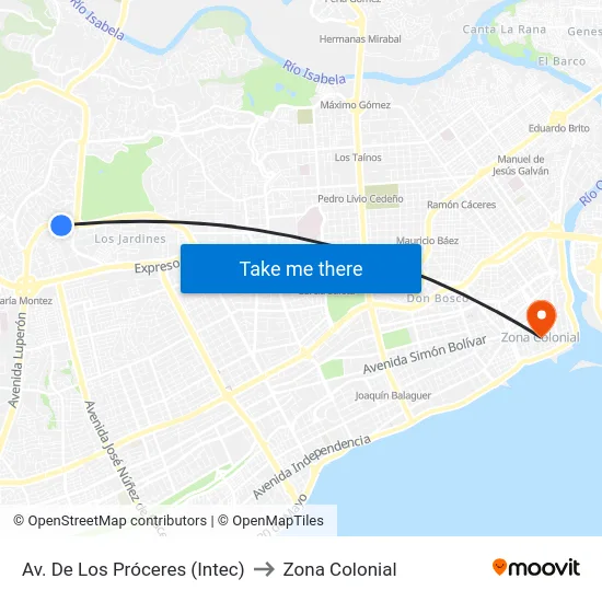 Av. De Los Próceres (Intec) to Zona Colonial map