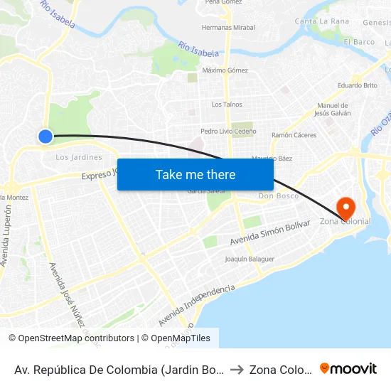 Av. República De Colombia (Jardin Botanico) to Zona Colonial map