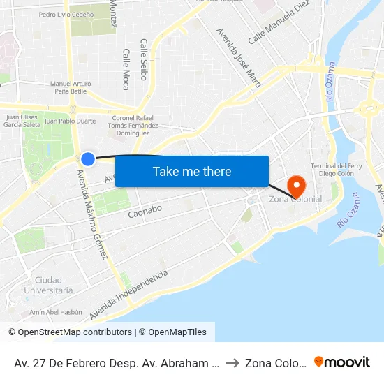 Av. 27 De Febrero Desp. Av. Abraham Lincoln to Zona Colonial map