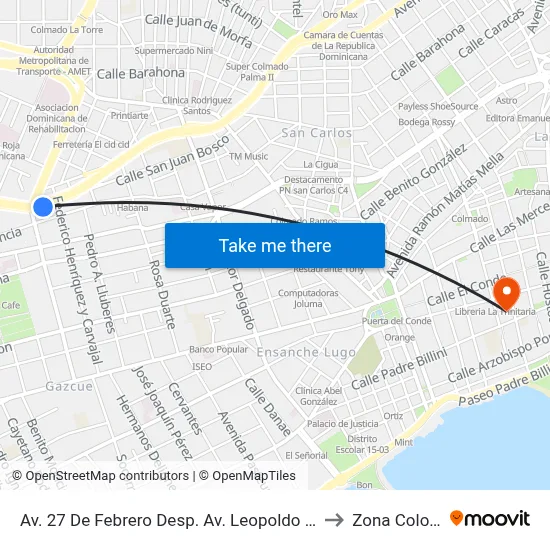 Av. 27 De Febrero Desp. Av. Leopoldo Navarro to Zona Colonial map