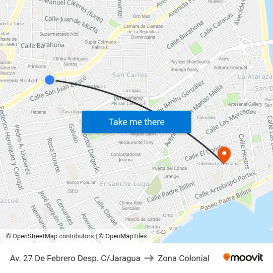 Av. 27 De Febrero Desp. C/Jaragua to Zona Colonial map