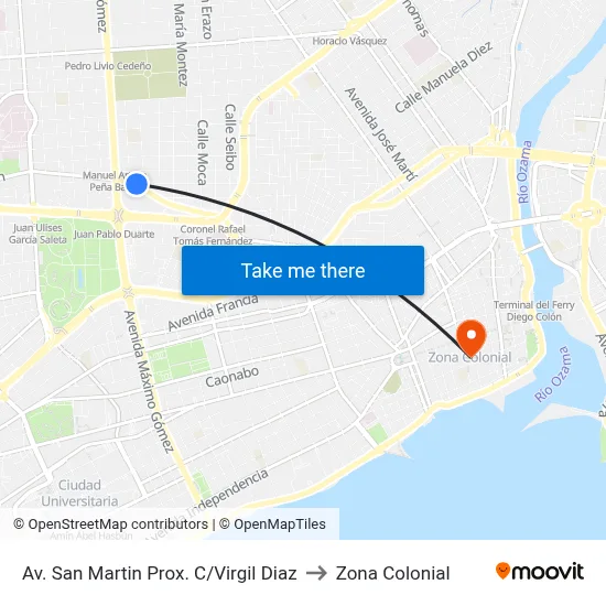 Av. San Martin Prox. C/Virgil Diaz to Zona Colonial map