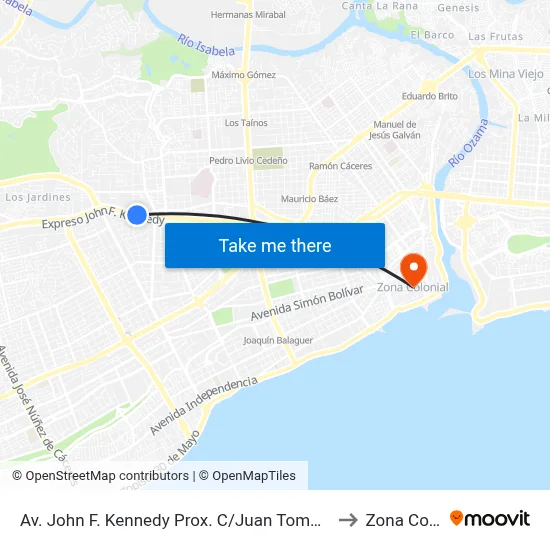 Av. John F. Kennedy Prox. C/Juan Tomas Mejia Y Cortes to Zona Colonial map