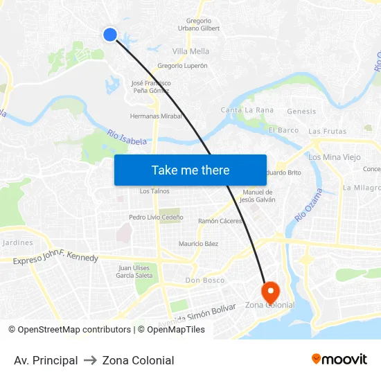 Av. Principal to Zona Colonial map