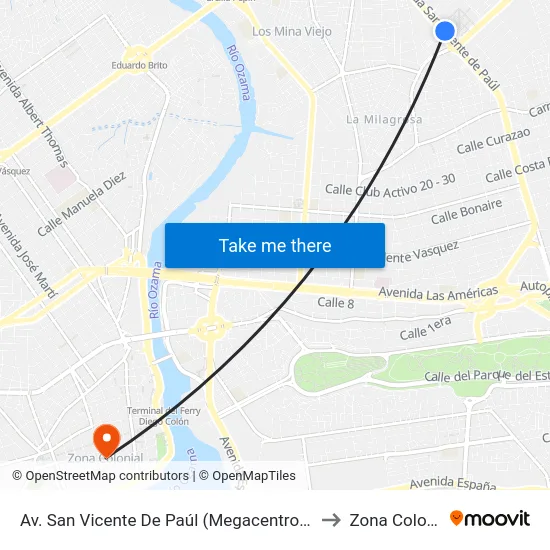 Av. San Vicente De Paúl (Megacentro Plaza) to Zona Colonial map