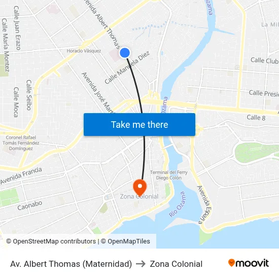 Av. Albert Thomas (Maternidad) to Zona Colonial map