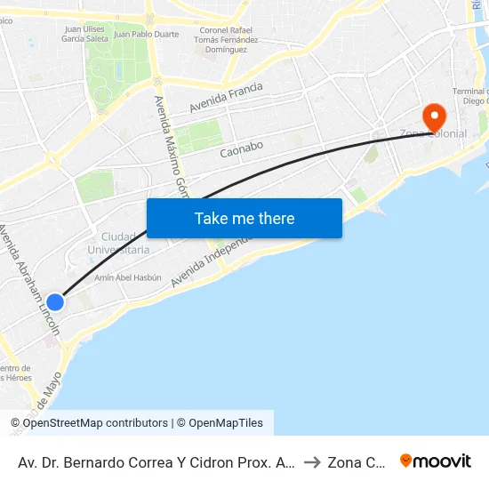 Av. Dr. Bernardo Correa Y Cidron Prox. Av. Abraham Lincoln to Zona Colonial map