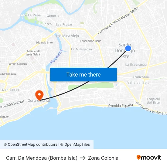 Carr. De Mendosa (Bomba Isla) to Zona Colonial map