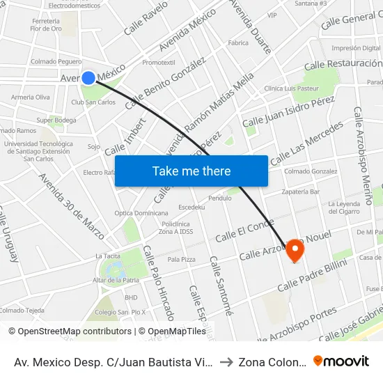 Av. Mexico Desp. C/Juan Bautista Vicini to Zona Colonial map
